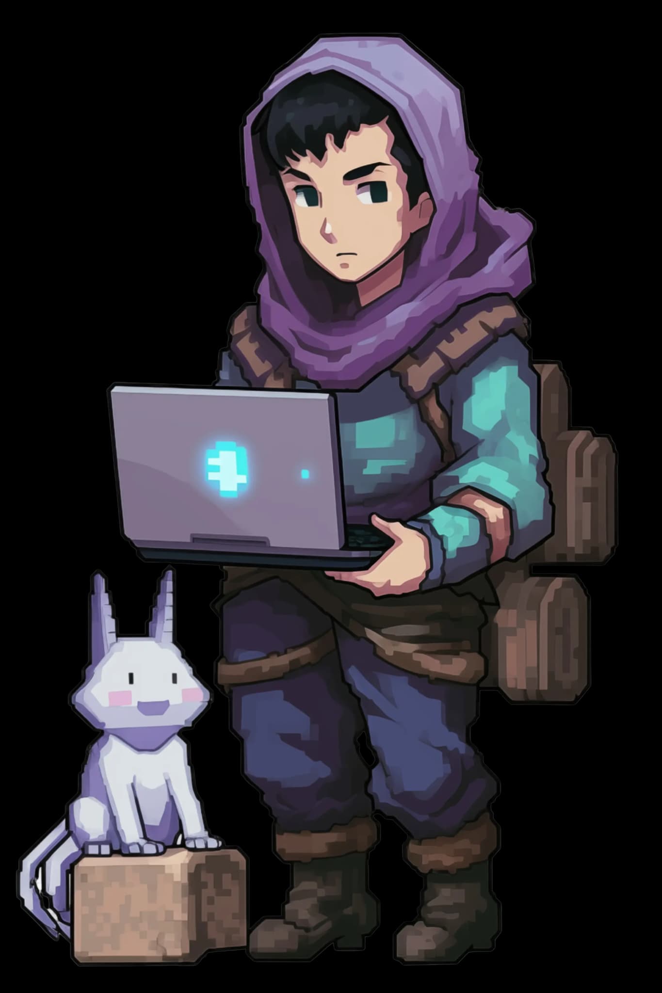 A fantasy character picture of Dev carrying a macbook pro.